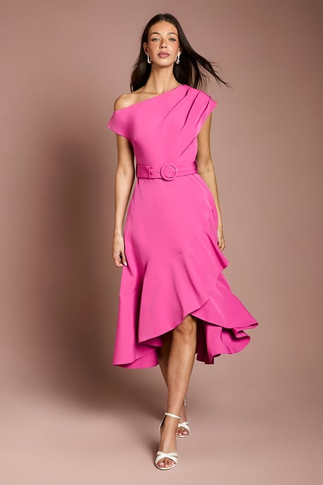 Drape Shoulder Frill Detail Crepe Midi Dress - Image 1