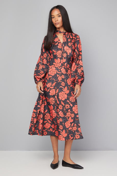 Floral Button Tie Neck Midi Dress - Image 1