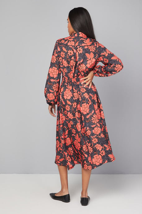 Floral Button Tie Neck Midi Dress - Image 3