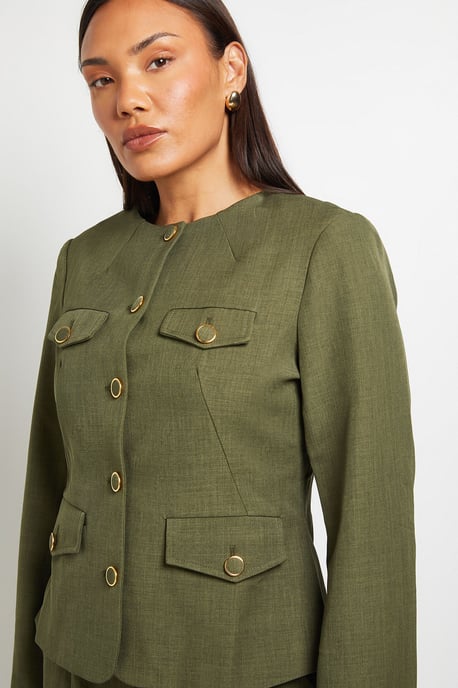 Utility Collarless Textured Jacket - Image 4
