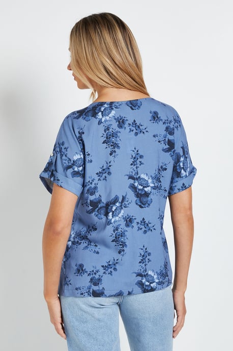 Blue Floral Printed Roll Sleeve Blouse - Image 3