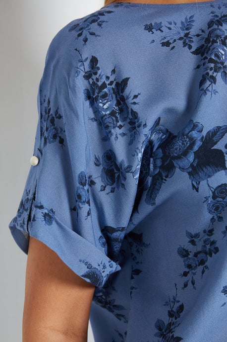 Blue Floral Printed Roll Sleeve Blouse - Image 5