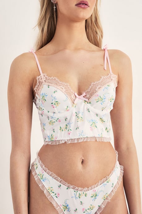 Satin Floral Lace Trim Corset Lingerie Set - Image 2