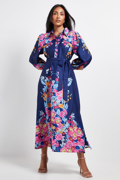 Petite Floral Western Belted Midi Shirt Dress - Image 1