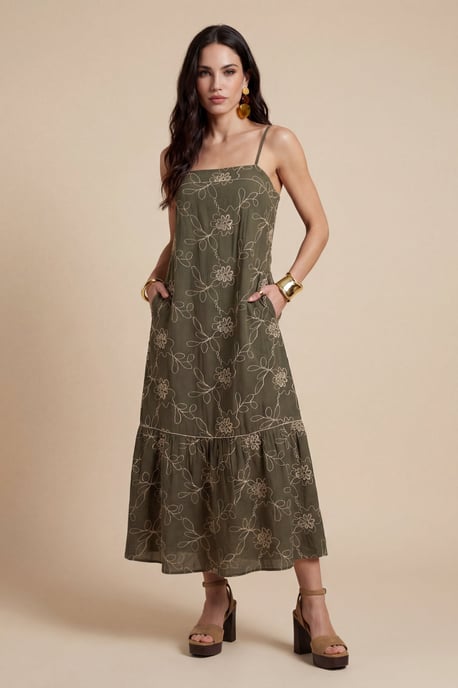 Embroidered Maxi Dress Khaki - Image 1