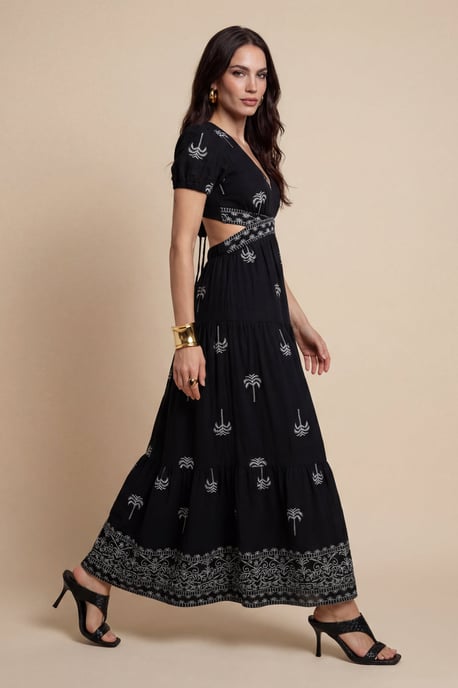 Open Pen Back Tirered Maxi Dress Black Pattern - Image 1