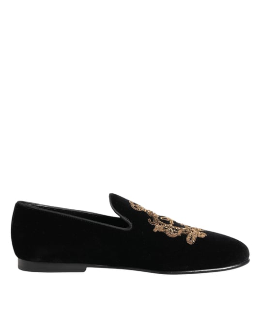 Dolce & Gabbana Zwarte Fluwelen Gouden Kroon Heren Instappers - Image 2
