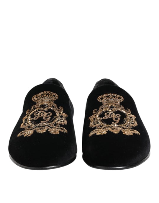 Dolce & Gabbana Zwarte Fluwelen Gouden Kroon Heren Instappers - Image 3