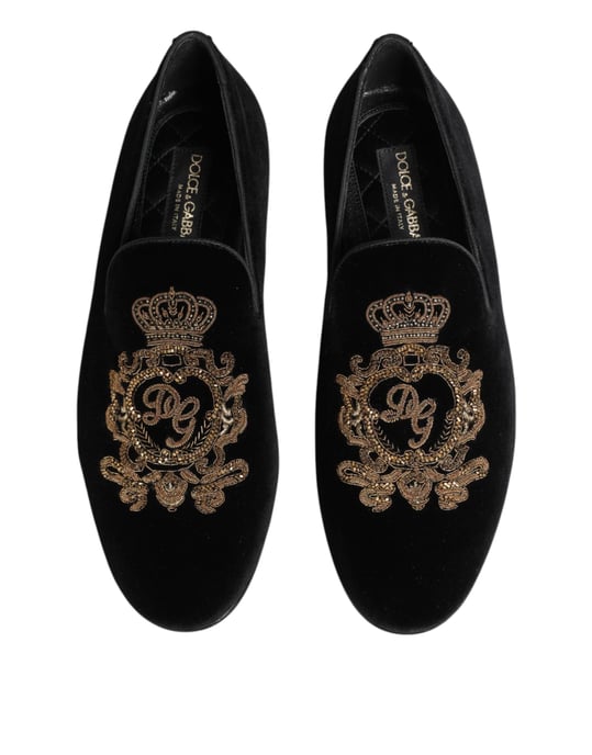 Dolce & Gabbana Zwarte Fluwelen Gouden Kroon Heren Instappers - Image 4