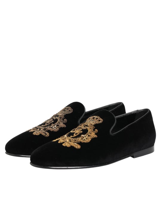 Dolce & Gabbana Zwarte Fluwelen Gouden Kroon Heren Instappers - Image 5