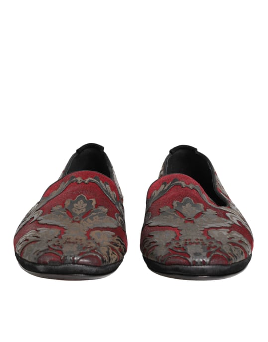 Dolce & Gabbana Bordeaux Jacquard Läder Slip-On Loaferskor - Image 3