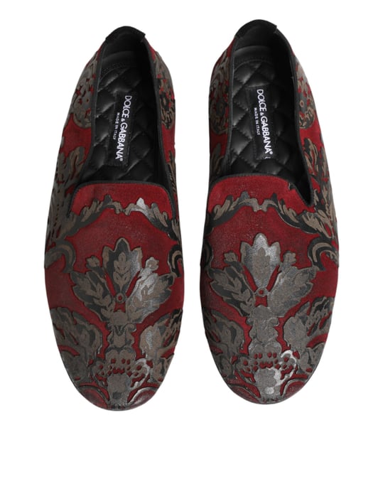 Dolce & Gabbana Bordeaux Jacquard Läder Slip-On Loaferskor - Image 4
