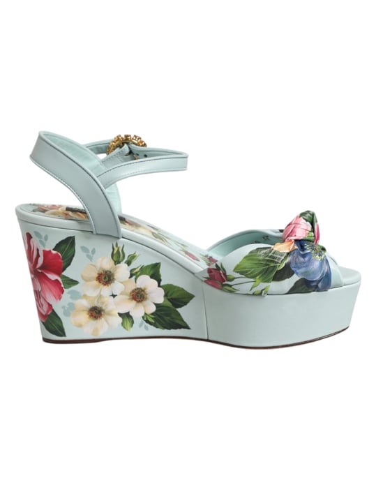 Dolce & Gabbana Green Floral Ankle Strap Wedge Sandals Shoes - Image 1