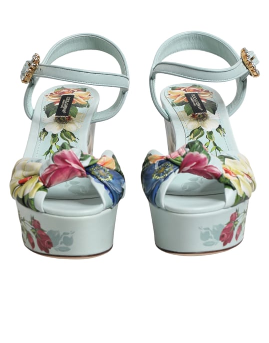 Dolce & Gabbana Green Floral Ankle Strap Wedge Sandals Shoes - Image 3