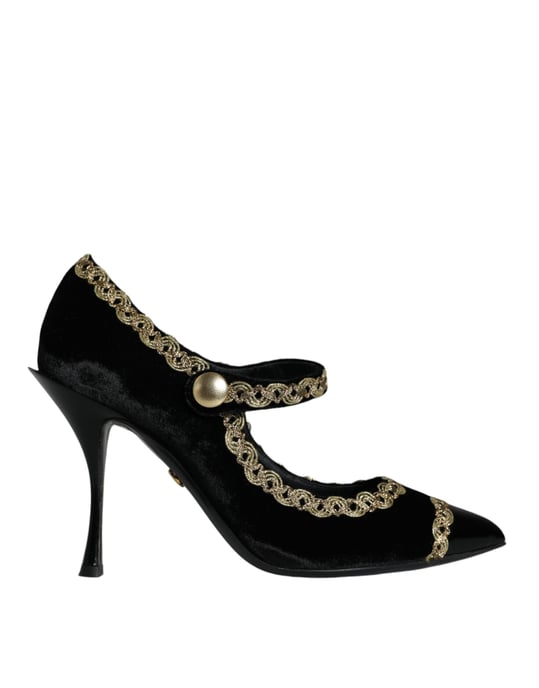 Dolce & Gabbana Svarta Mary Janes I Sammet Guld Klackskor - Image 1