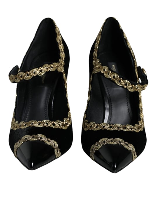 Dolce & Gabbana Svarta Mary Janes I Sammet Guld Klackskor - Image 2