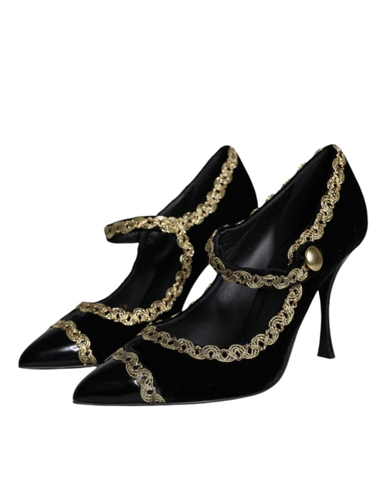 Dolce & Gabbana Svarta Mary Janes I Sammet Guld Klackskor - Image 3