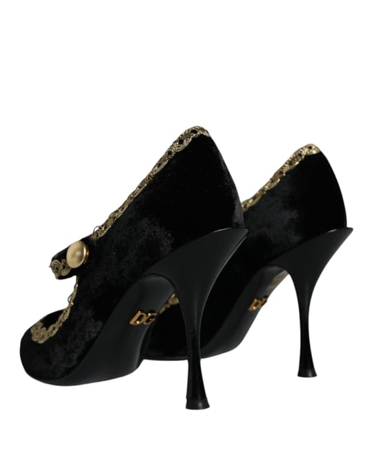Dolce & Gabbana Svarta Mary Janes I Sammet Guld Klackskor - Image 4