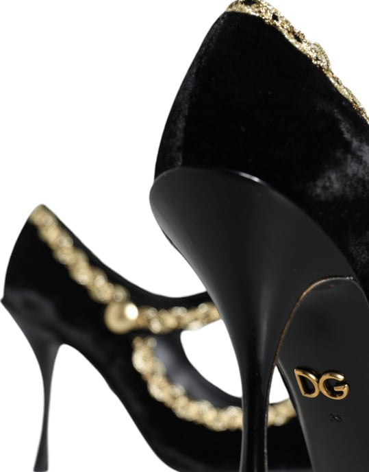 Dolce & Gabbana Svarta Mary Janes I Sammet Guld Klackskor - Image 5