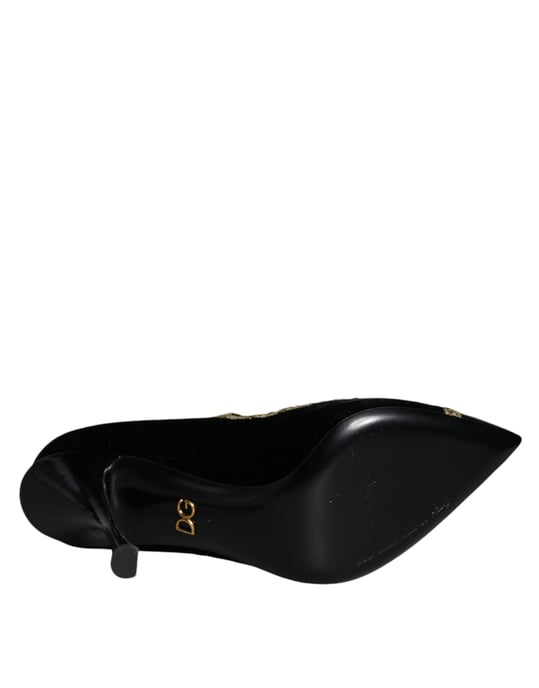 Dolce & Gabbana Svarta Mary Janes I Sammet Guld Klackskor - Image 6