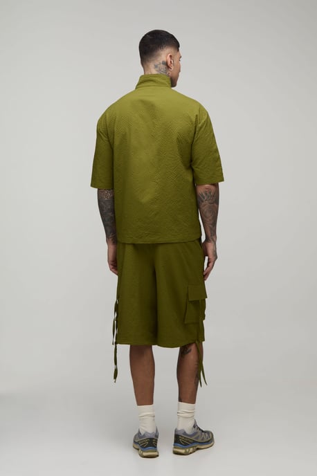 Tall Oversized Funnel Neck Textured Ripstop Cargo Shirt & Longline Short Set - Image 2