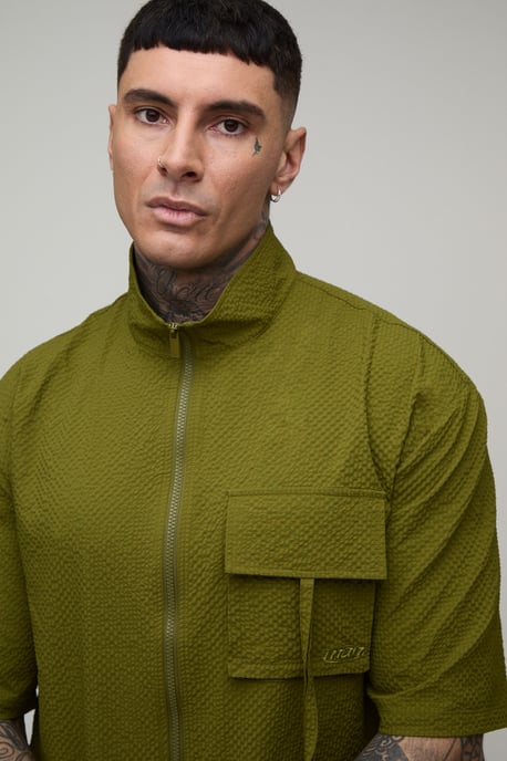 Tall Oversized Funnel Neck Textured Ripstop Cargo Shirt & Longline Short Set - Image 3