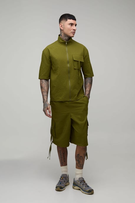 Tall Oversized Funnel Neck Textured Ripstop Cargo Shirt & Longline Short Set - Image 4