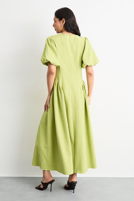 Textured Godet Side Puff Sleeve Midi Dress - Image 3
