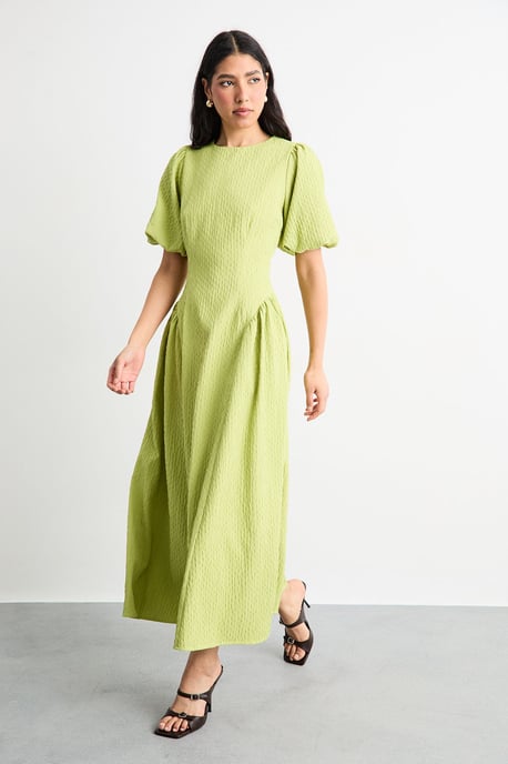 Textured Godet Side Puff Sleeve Midi Dress - Image 4
