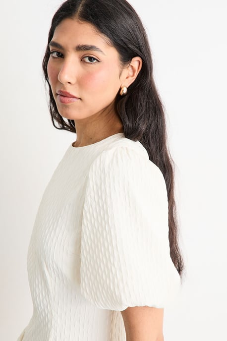 Textured Godet Side Puff Sleeve Midi Dress - Image 2