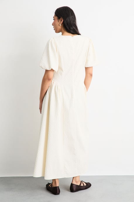 Textured Godet Side Puff Sleeve Midi Dress - Image 3