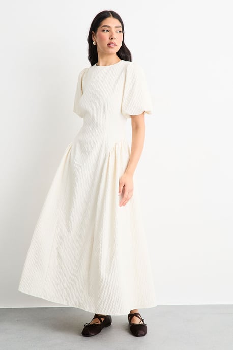 Textured Godet Side Puff Sleeve Midi Dress - Image 4