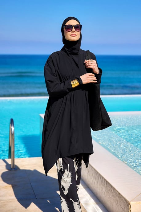 Black Asymmetric Cut Premium Full Coverage Swimwear Set - Image 2