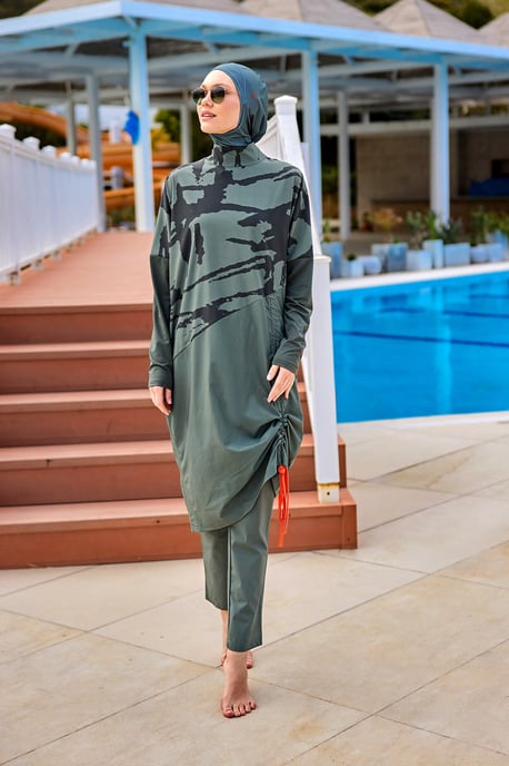 Kaki bescheiden badmode Burkini-set met volledige dekking - Image 3