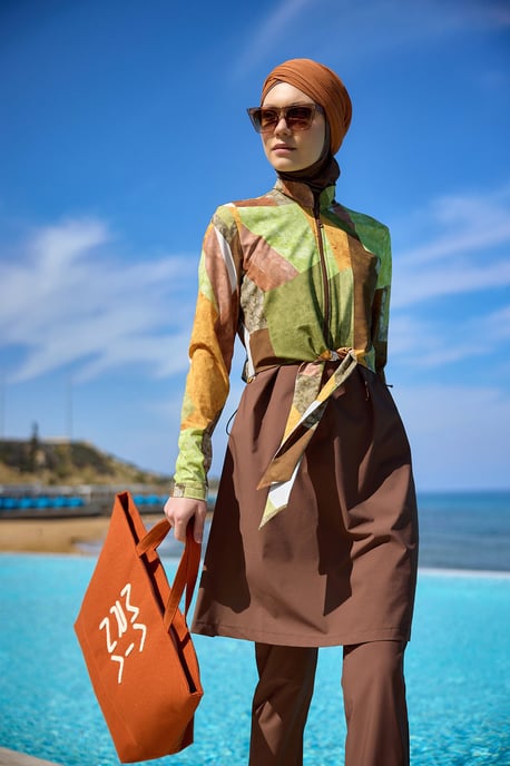 Bruine, bescheiden badmode Burkini-set met volledige dekking - Image 1