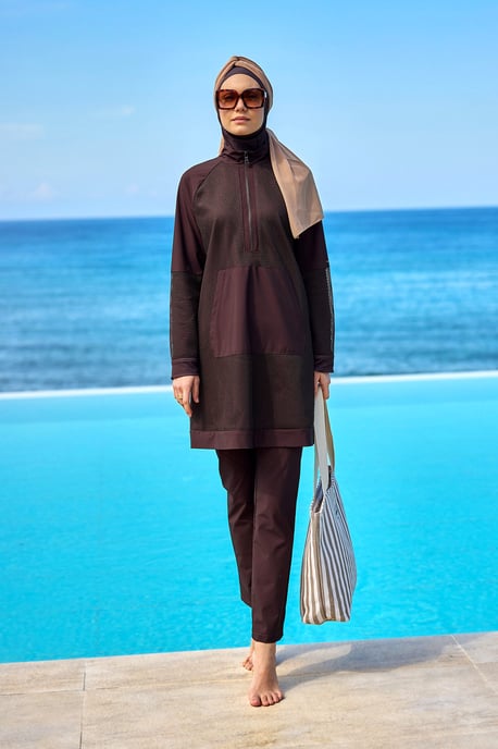 Brun heltäckande tylldetalj Modest Swimwear Burkini Set - Image 2