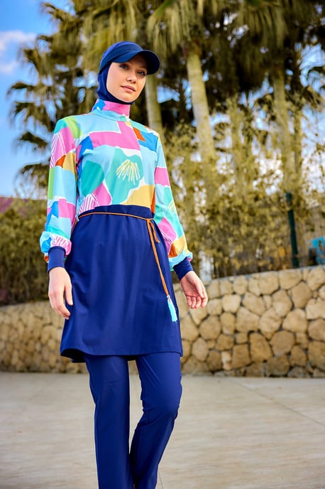 Marineblauwe islamitische badmode Burkini-set met volledige dekking - Image 1