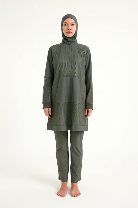 Kaki volledige dekking tule detail bescheiden badmode Burkini-set - Image 3