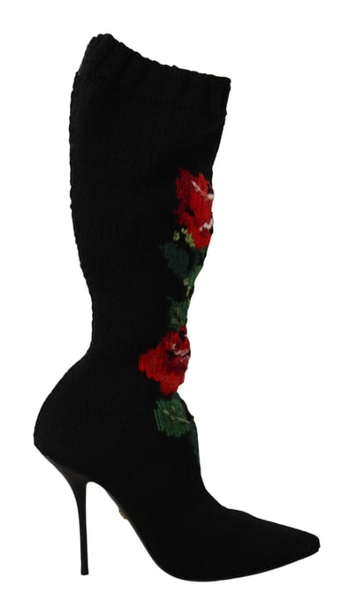 Dolce & Gabbana Svarta Stretchstrumpor Röda Rosor Boots Sko - Image 1