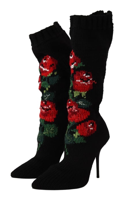 Dolce & Gabbana Svarta Stretchstrumpor Röda Rosor Boots Sko - Image 2