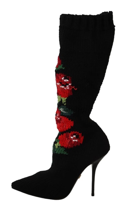 Dolce & Gabbana Svarta Stretchstrumpor Röda Rosor Boots Sko - Image 4