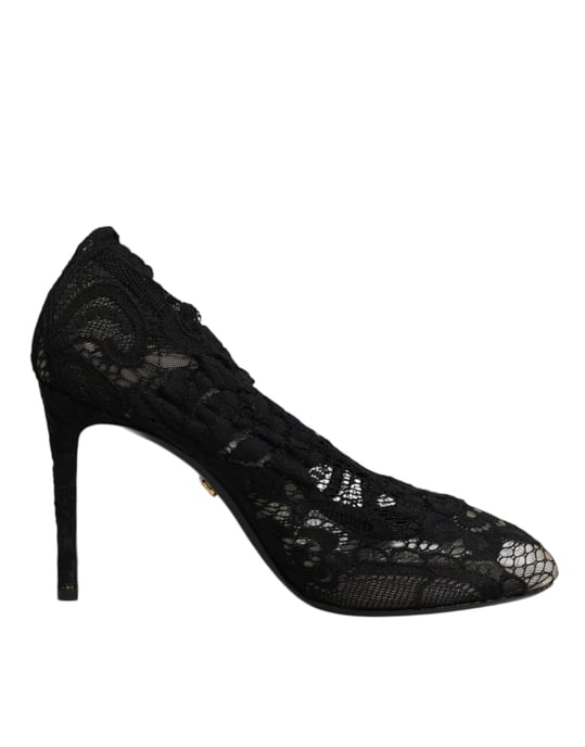 Dolce & Gabbana Svarta Spets Stretch Klackstövlar Knähöga Skor - Image 2