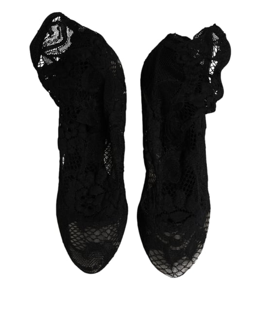 Dolce & Gabbana Svarta Spets Stretch Klackstövlar Knähöga Skor - Image 4
