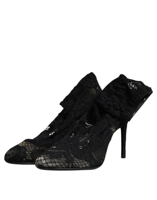 Dolce & Gabbana Svarta Spets Stretch Klackstövlar Knähöga Skor - Image 5