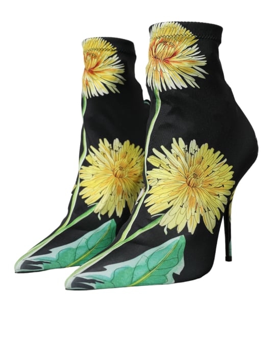 Dolce & Gabbana Svarta Blommiga Jersey Stretch Ankelstövlar Skor - Image 3