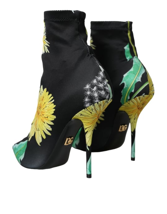 Dolce & Gabbana Svarta Blommiga Jersey Stretch Ankelstövlar Skor - Image 4
