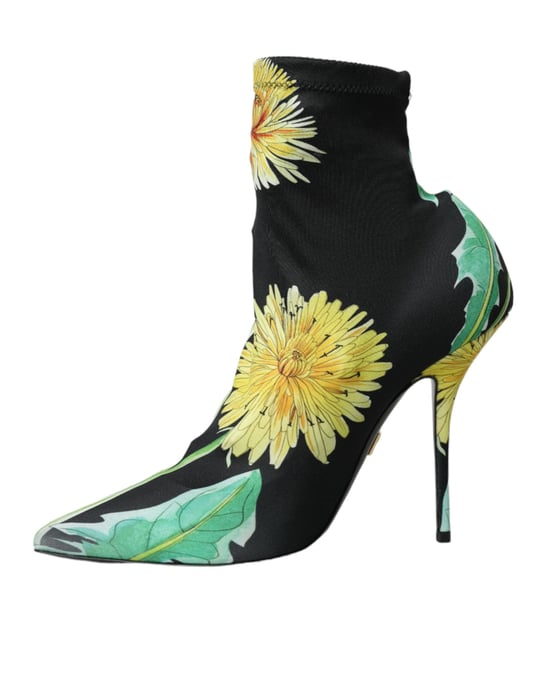 Dolce & Gabbana Svarta Blommiga Jersey Stretch Ankelstövlar Skor - Image 5
