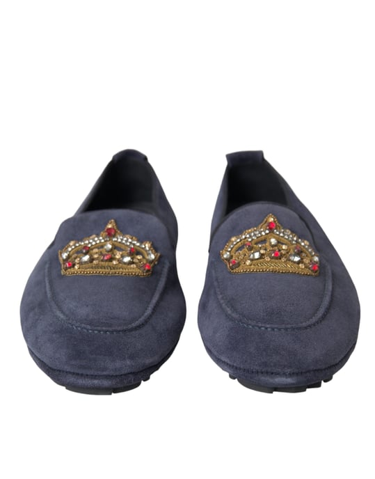 Dolce & Gabbana Blue Leather Suede Crystal Crown Loafers Shoes - Image 2
