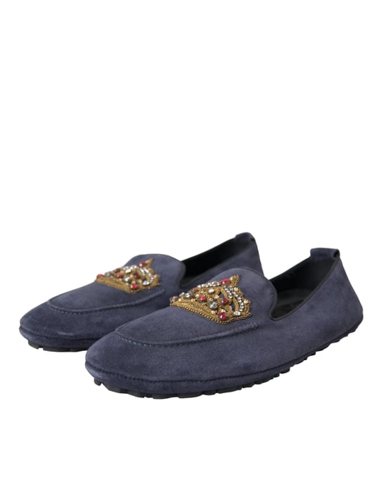 Dolce & Gabbana Blue Leather Suede Crystal Crown Loafers Shoes - Image 3