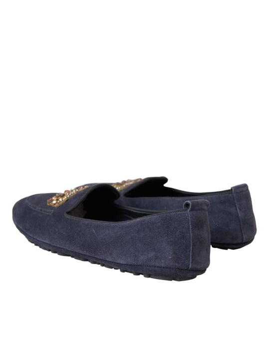 Dolce & Gabbana Blue Leather Suede Crystal Crown Loafers Shoes - Image 4